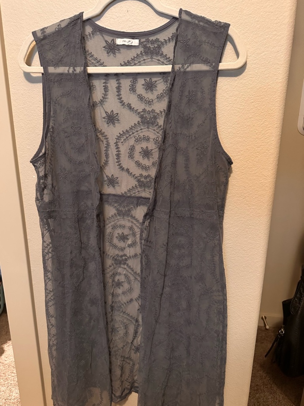 Sheer Embroidered Sleeveless Duster - Slate Gray